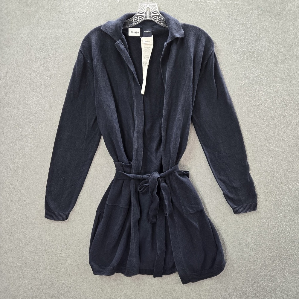 Maxmara Women Cardigan M Blue Belted Leisure Long Sleeve Cotton READ